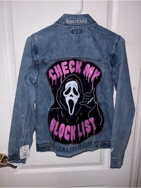 One of a kind upcycled Jacket with 'ghostface check My Blocklist' Graphic